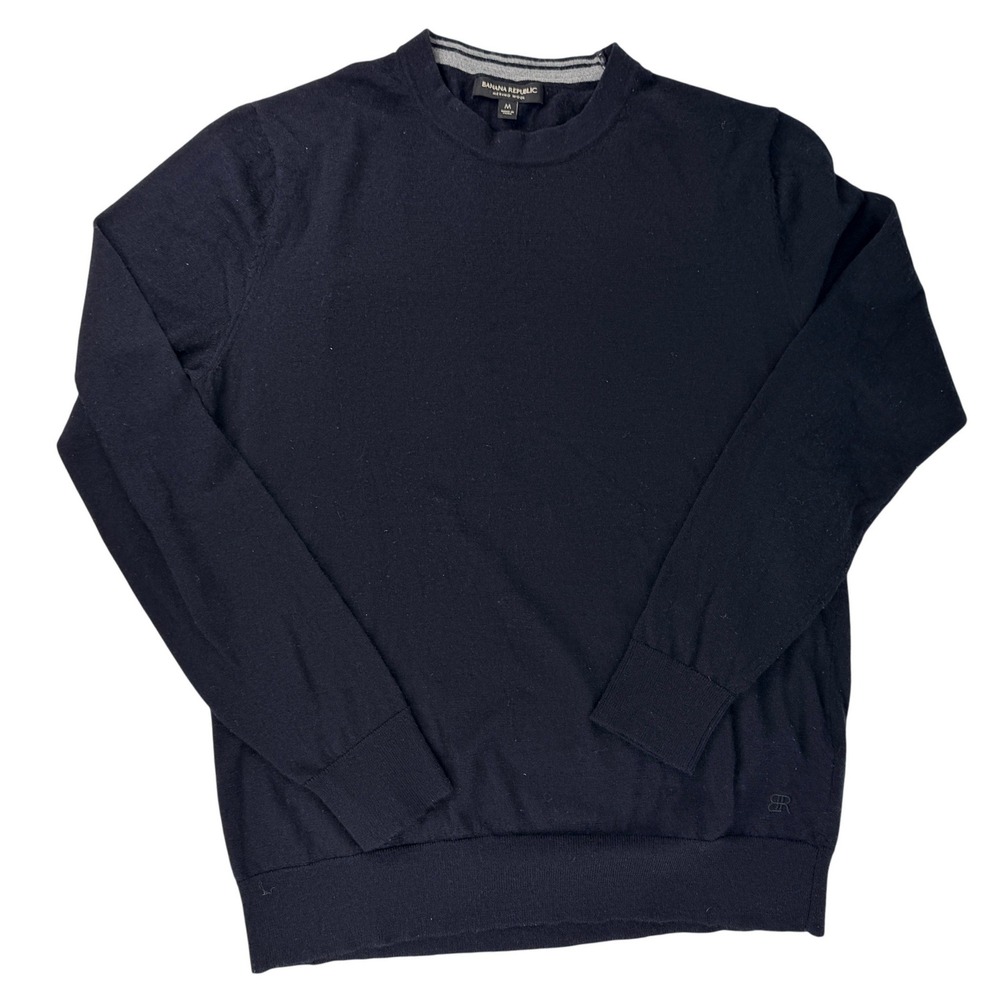 Banana Republic Mens M Black 100% Merino Wool Crewneck Sweater Lightweight